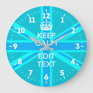 Personalized Keep Calm Your Text UK Flag Sky Blue Große Wanduhr