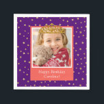 Personalized Kid Photo Happy Birthday Gold Crown Serviette<br><div class="desc">Celebrate your little one's special day in royal style with this custom purple paper napkin that features an elegant background of gold shimmery stars. Personalize this bright design with a photo of your young birthday girl, complete with a beautiful gold princess crown. Add a special touch with a personalized greeting,...</div>