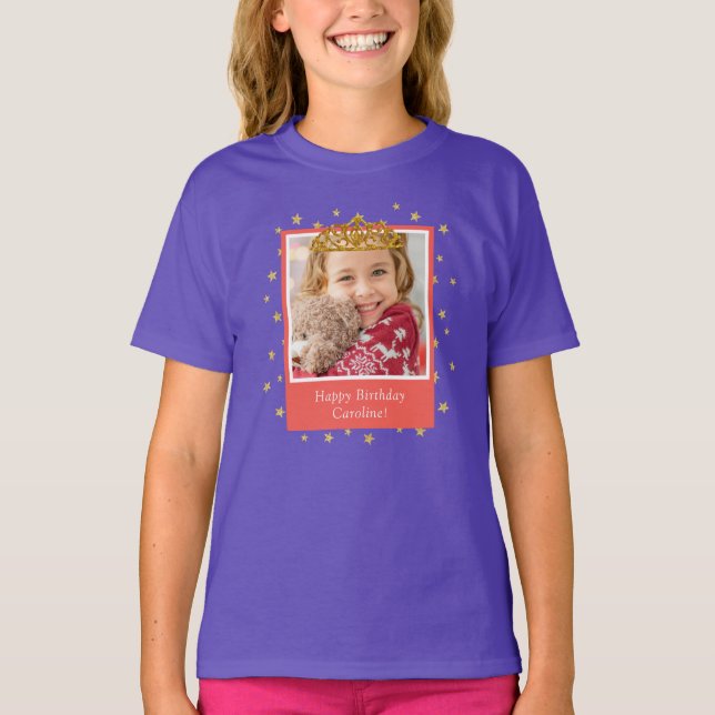 Personalized Kid Photo Happy Birthday Gold Crown T-Shirt (Vorderseite)