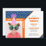 Personalized Kid Photo Happy Birthday Pink Hat v2 Einladung<br><div class="desc">Celebrate your little one's birthday with a festive custom blue invitation card that features a fun display of orange and yellow stars and circles. Personalize this bright design with a photo of your little birthday boy or girl, complete with a cheerful pink birthday hat. Add a special touch with a...</div>