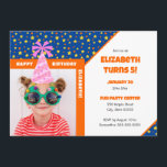Personalized Kid Photo Happy Birthday Pink Hat v2 Einladung<br><div class="desc">Celebrate your little one's birthday with a festive custom blue invitation card that features a fun display of orange and yellow stars and circles. Personalize this bright design with a photo of your little birthday boy or girl, complete with a cheerful pink birthday hat. Add a special touch with a...</div>