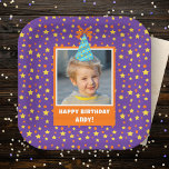 Personalized Kid Photo Happy Birthday w/ Blue Hat Pappteller<br><div class="desc">Celebrate your little one's birthday with a festive custom purple paper plate that features a fun display of orange and yellow stars and circles. Personalize this bright design with a photo of your little birthday boy or girl, complete with a cheerful blue birthday hat. Add a special touch with a...</div>