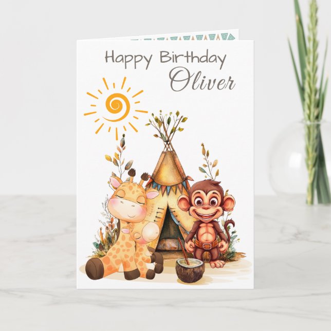Personalized Kids Birthday Card with Cute Animals Karte (Vorderseite)