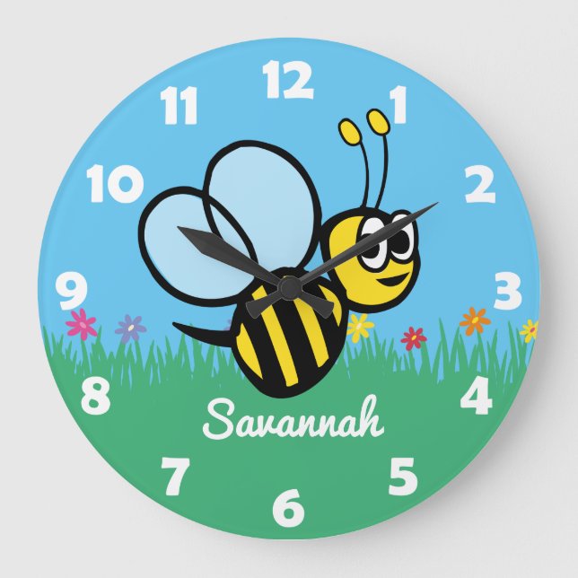 Personalized Kids Cute Bee Garden Bumblebee Große Wanduhr (Vorderseite)