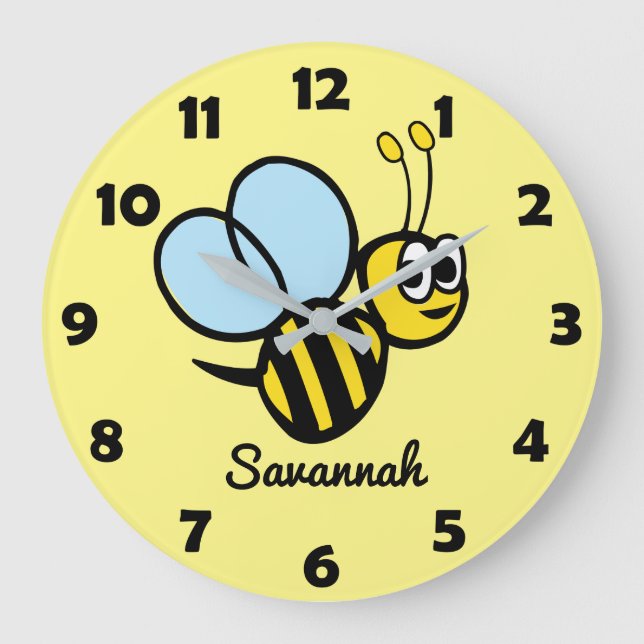 Personalized Kids Cute Bee Yellow Bumblebee Große Wanduhr (Vorderseite)