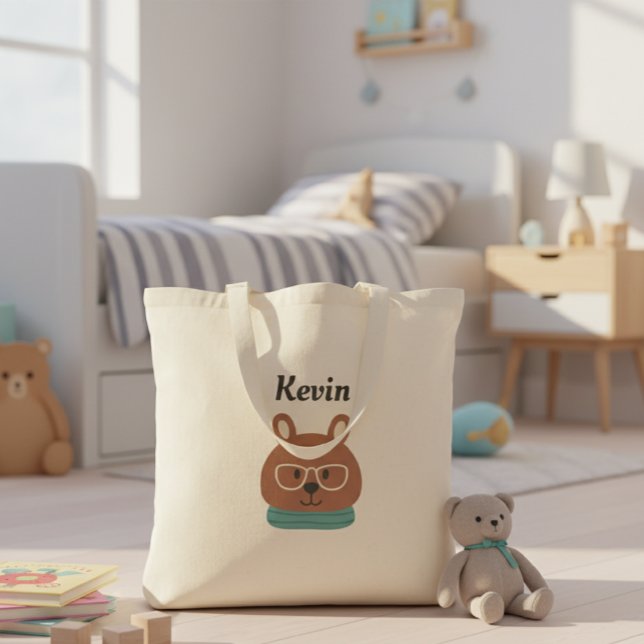 Personalized Kids' Tote Bag with Hipster Bear  Tragetasche (Von Creator hochgeladen)