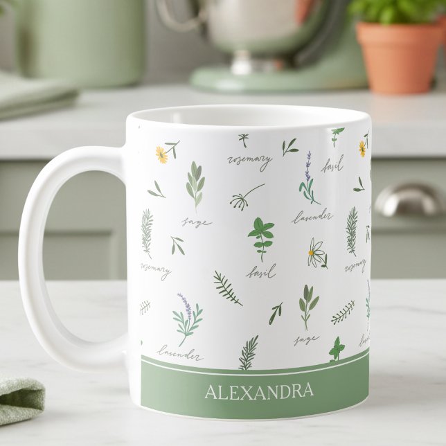 Personalized Kitchen Garden Botanical Mug Kaffeetasse (elegant personalized kitchen herb garden botanical floral sage green mug with custom name)