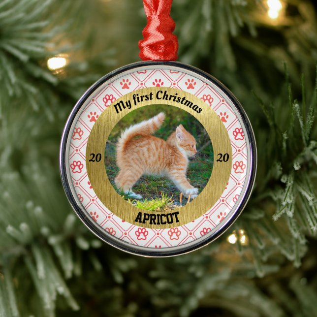 Personalized Kitten's First Christmas Photo Ornament Aus Metall (Baum)