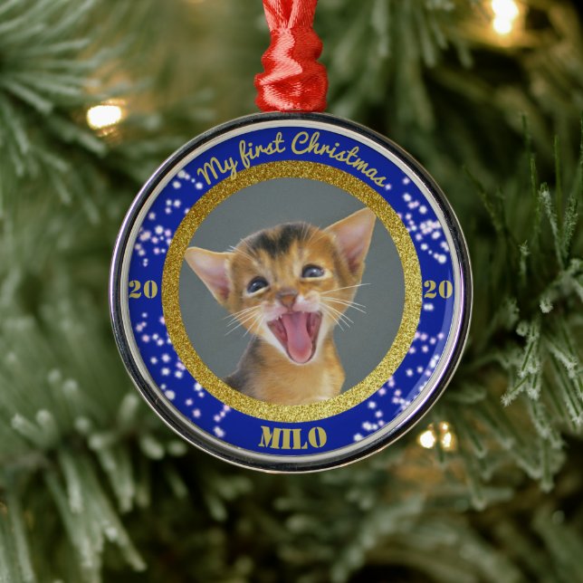 Personalized Kitten's First Christmas Photo Ornament Aus Metall (Baum)