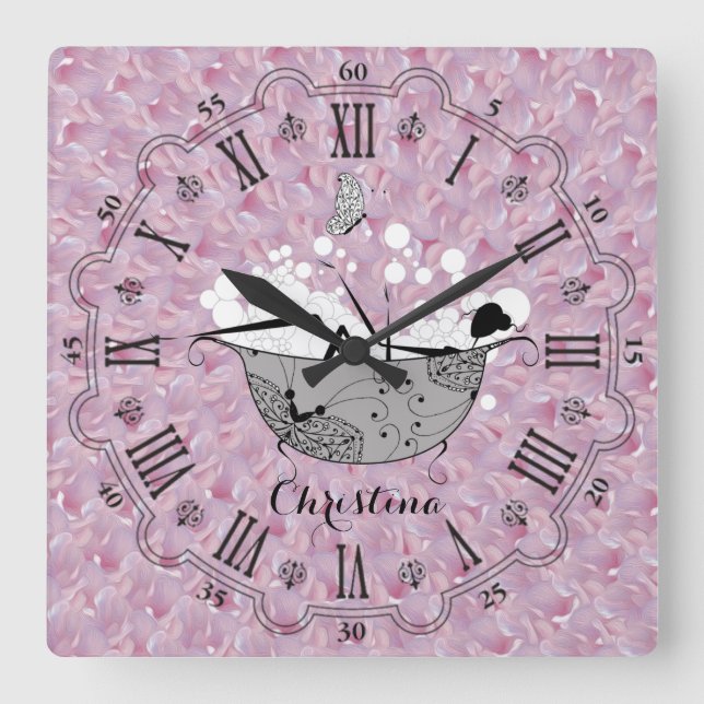 Personalized Lady in the Bath Square Wall Clock Quadratische Wanduhr (Vorderseite)