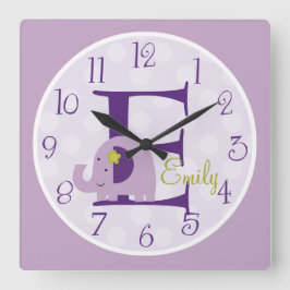Personalized Lavender Elephant Clock Quadratische Wanduhr
