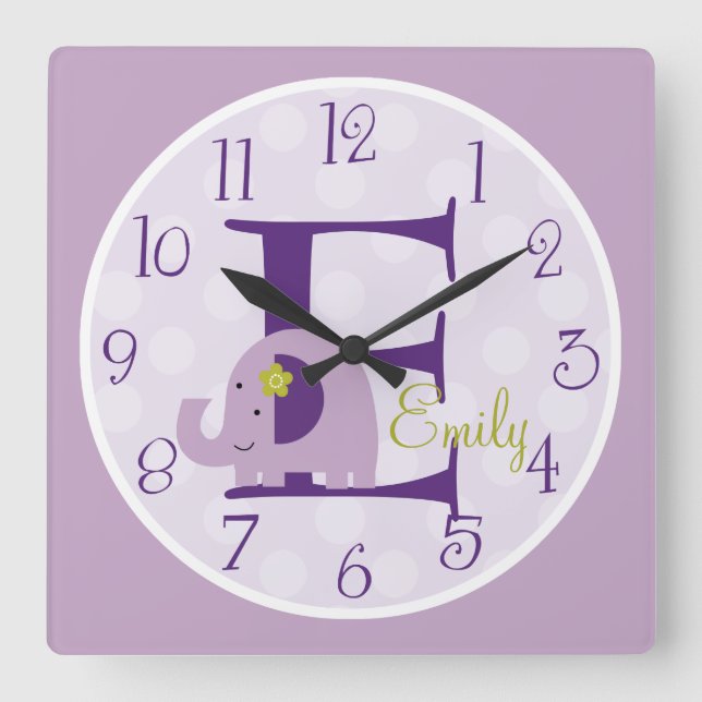 Personalized Lavender Elephant Clock Quadratische Wanduhr (Vorderseite)
