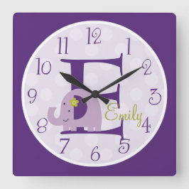 Personalized Lavender Elephant Clock Quadratische Wanduhr