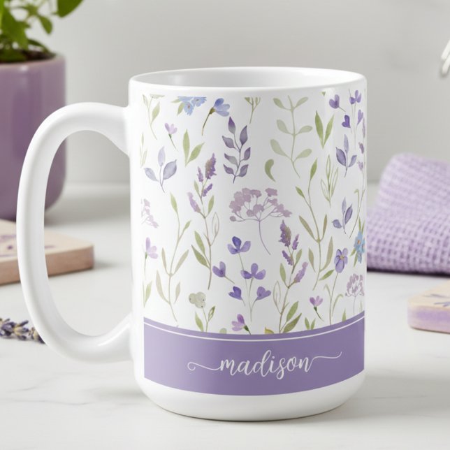 Personalized Lavender Floral Mug Kaffeetasse (watercolor cottagecore lavender floral mug with custom name monogram, personalized gift for her)