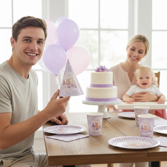 Personalized Lavender Gingham 1st Birthday Paper Partyhütchen (Von Creator hochgeladen)