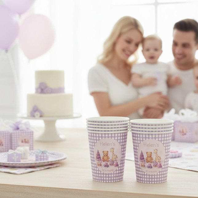 Personalized Lavender Gingham 1st Birthday  Pappbecher (Von Creator hochgeladen)
