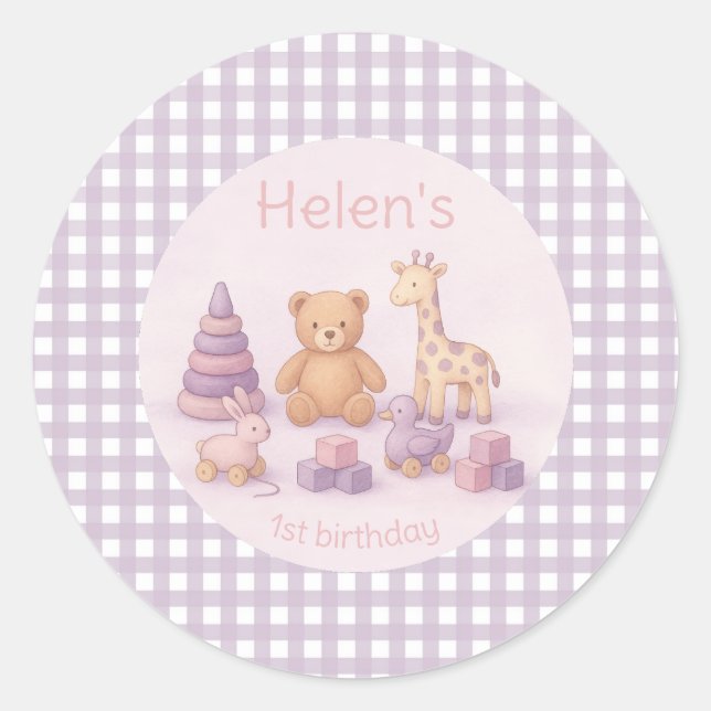 Personalized Lavender Gingham 1st Birthday  Runder Aufkleber (Vorderseite)