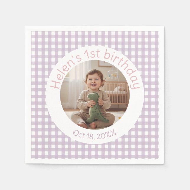 Personalized Lavender Gingham Birthday Photo Serviette (Vorderseite)