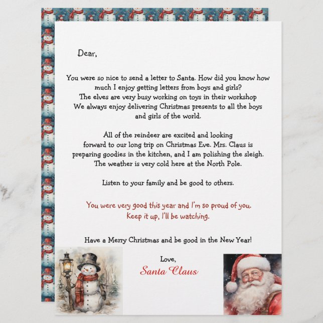 Personalized Letter From Santa Snowman (Vorne/Hinten)