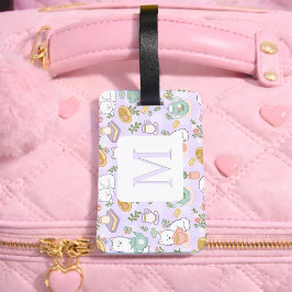 Personalized Letter Tea & Bookish Cat Girl Purple Gepäckanhänger