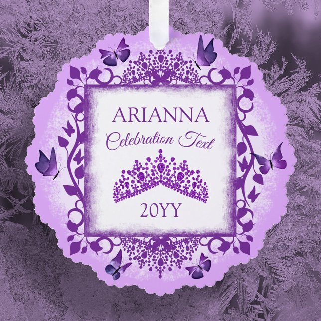 Personalized Lilac Purple Tiara & Butterflies Ornament Karte (purple lilac tiara and butterflies christmas tree ornament, custom message, personalized ornament)