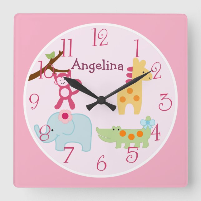 Personalized Lollipop Jungle Animals Nursery Clock Quadratische Wanduhr (Vorderseite)