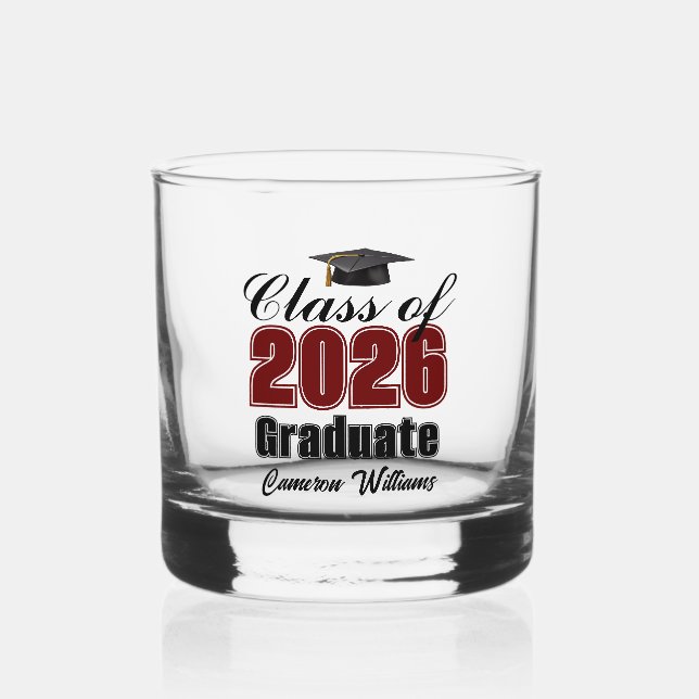 Personalized Maroon Black Class of 2026 Graduation Whiskyglas (Vorderseite)