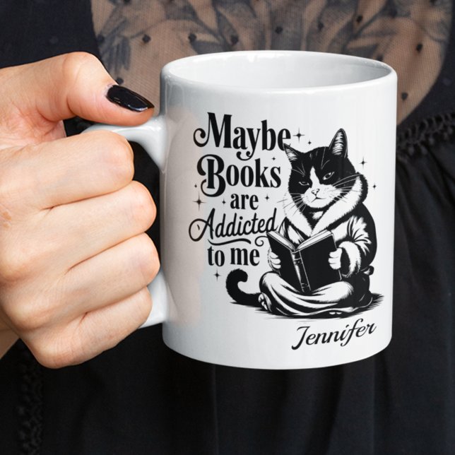 Personalized Maybe Books Are Addicted To Me Kaffeetasse (book reading cat mug)
