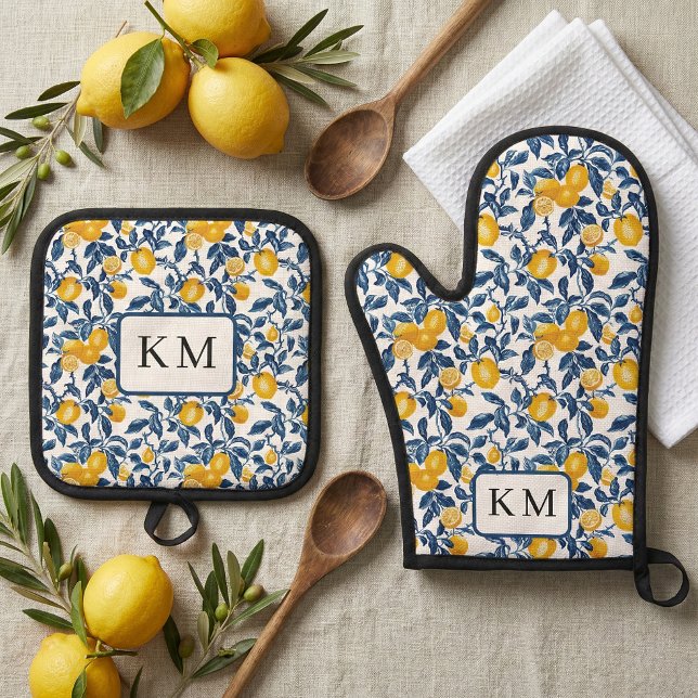 Personalized Mediterranean Lemon  Ofenhandschuh & Topflappen-Set (personalized monogram initials lemon mediterranean oven mitt and pot holder)