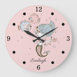 Personalized Mermaid Girl's Nursery Pink Große Wanduhr