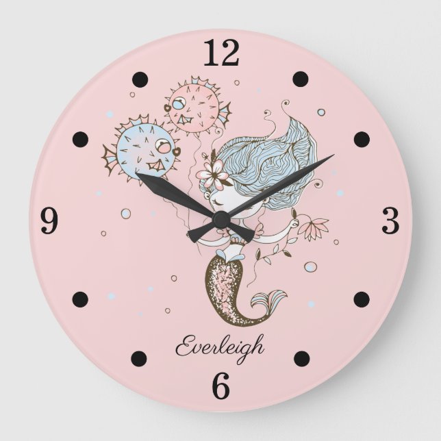 Personalized Mermaid Girl's Nursery Pink Große Wanduhr (Vorderseite)
