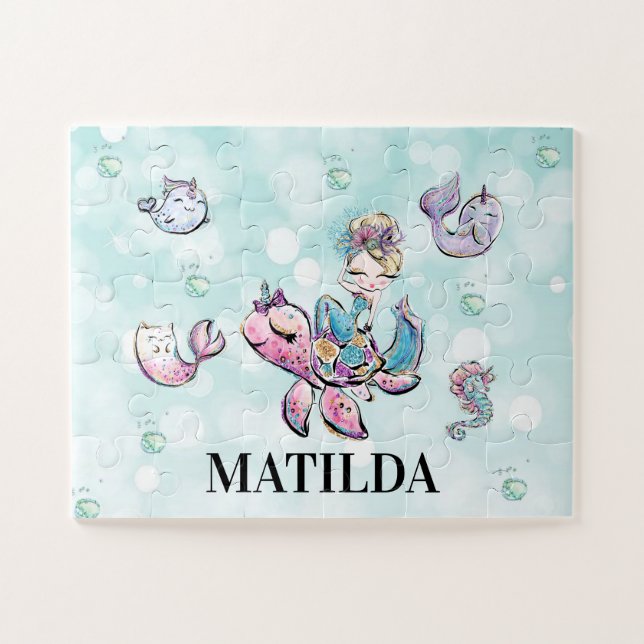 Personalized mermaid & sea animals puzzle for girl (Horizontal)