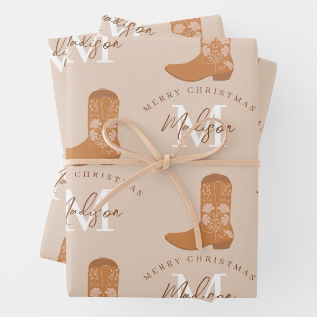 Personalized Merry Christmas Cowboy Boots Monogram Geschenkpapier Set (Beispiel)