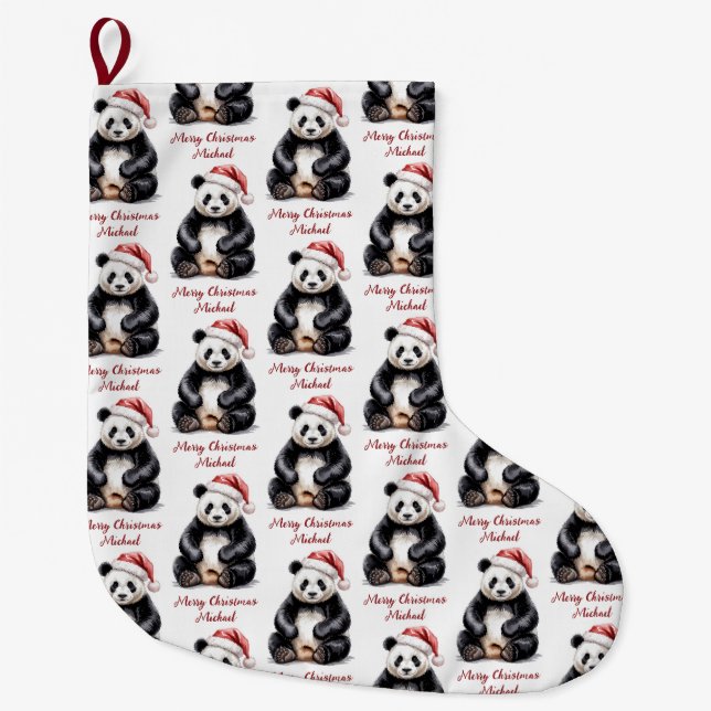 Personalized Merry Christmas Cute Panda Bear Großer Weihnachtsstrumpf (Vorderseite)