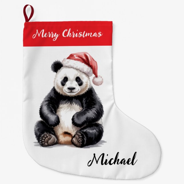 Personalized Merry Christmas Cute Panda Bear Großer Weihnachtsstrumpf (Vorderseite)