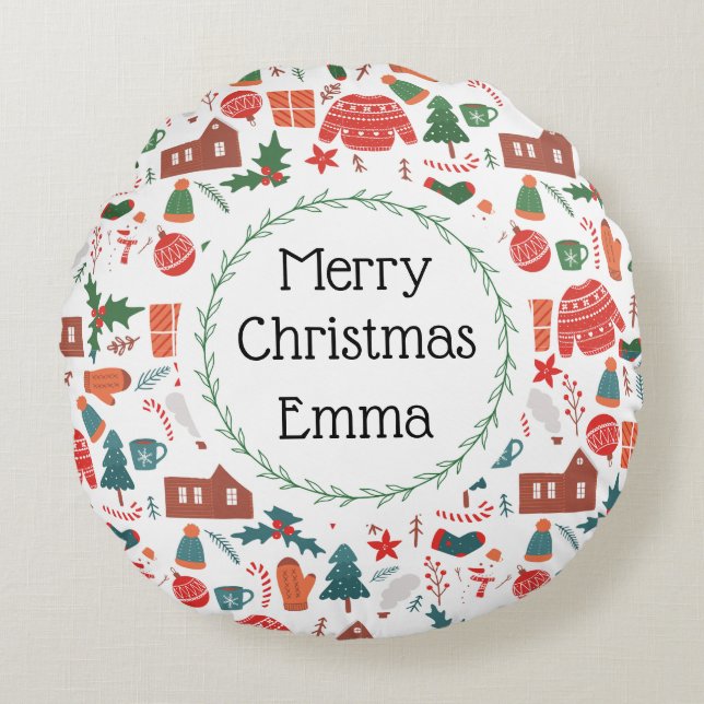 Personalized Merry Christmas Name Holiday Pillow Rundes Kissen (Vorderseite)