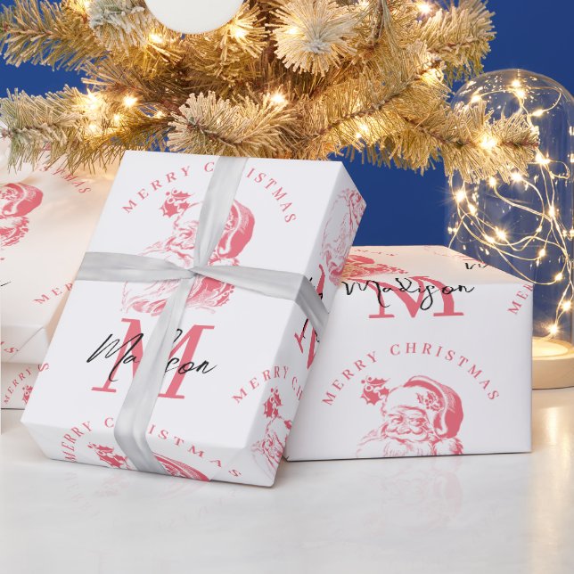 Personalized Merry Christmas Pink Santa Monogram Geschenkpapier (Feiertage)
