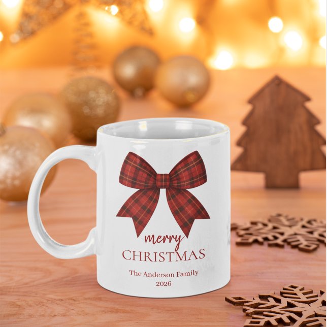 Personalized Merry Christmas | Red Plaid Bow Jumbo-Tasse (Von Creator hochgeladen)
