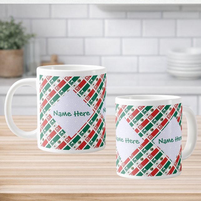 Personalized Mexico Flag Tiled Jumbo-Tasse (Personalized jumbo mug tiled Mexican Flag and MEXICO below. 3 squiggly squares fractals for name.)