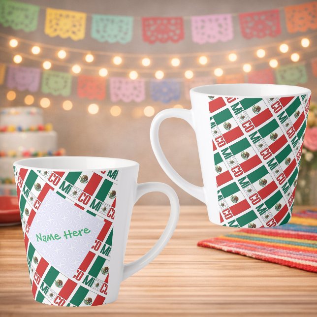 Personalized Mexico Flag Tiled Milchtasse (Personalized latte mug, tiled Mexican Flag, MEXICO below in flag colors. White fractal holds name.)