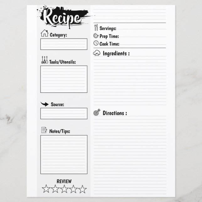 Personalized Minimal Basic Blank Recipe Page Sheet (Vorderseite)