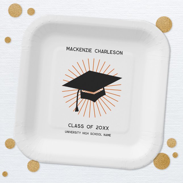 Personalized Minimalist Graduation Cap Party Pappteller (Modern personalized custom name school university graduation party paper plates)