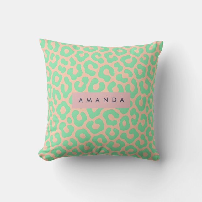 Personalized Mint Green and Peach Leopard Print Kissen (Vorderseite)