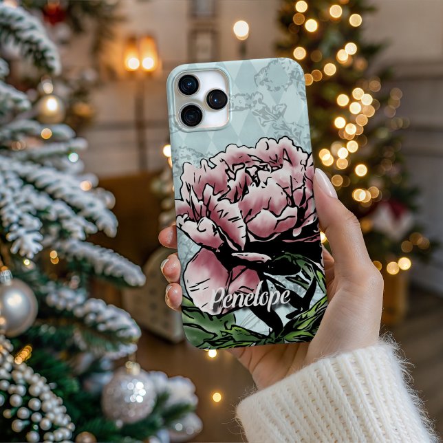 Personalized Mixed Media Peony - Phone Case iPhone 16 Pro Hülle (Personalize Your Tech! Add a custom name to this artistic phone case. It's the perfect unique gift!)