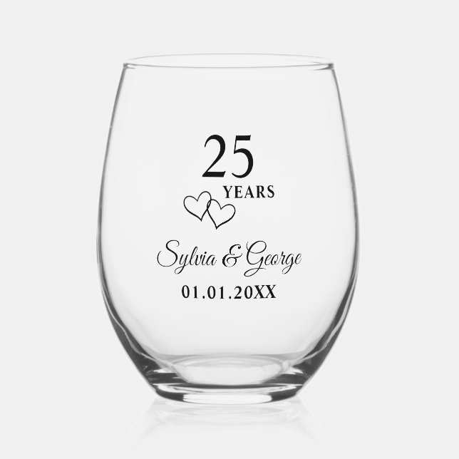 Personalized Modern 25th Wedding Anniversary Gift Weinglas Ohne Stiel (Rückseite)