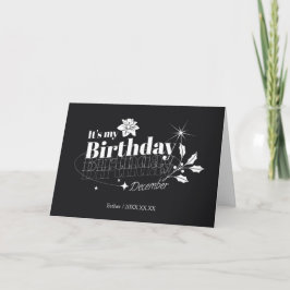 Personalized Modern Black Floral December Birthday Feiertagskarte