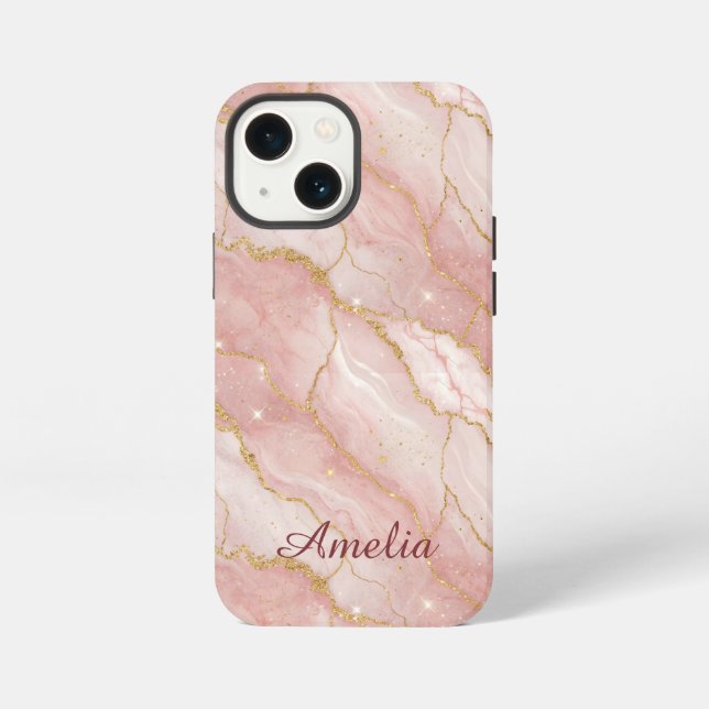 Personalized Modern Rose Quartz Marble Gold iPhone 13 Mini Hülle (Rückseite)