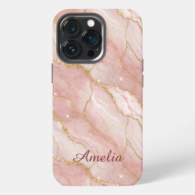 Personalized Modern Rose Quartz Marble Gold iPhone 13 Pro Hülle (Hinten)