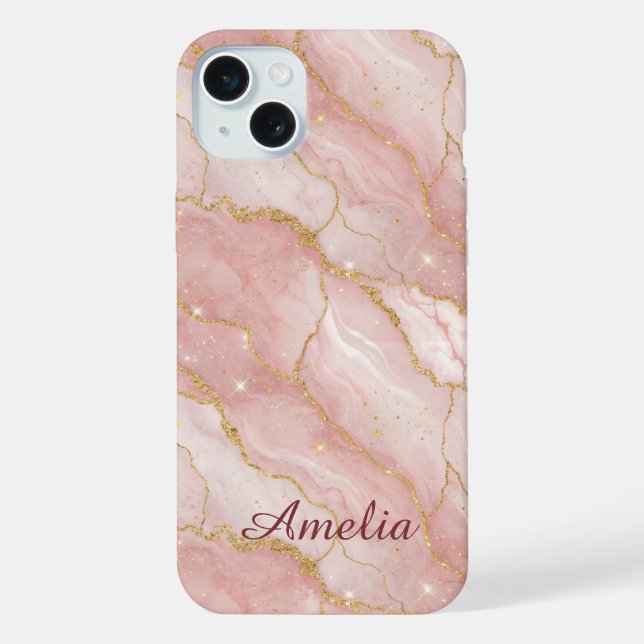 Personalized Modern Rose Quartz Marble Gold iPhone 15 Plus Hülle (Rückseite)