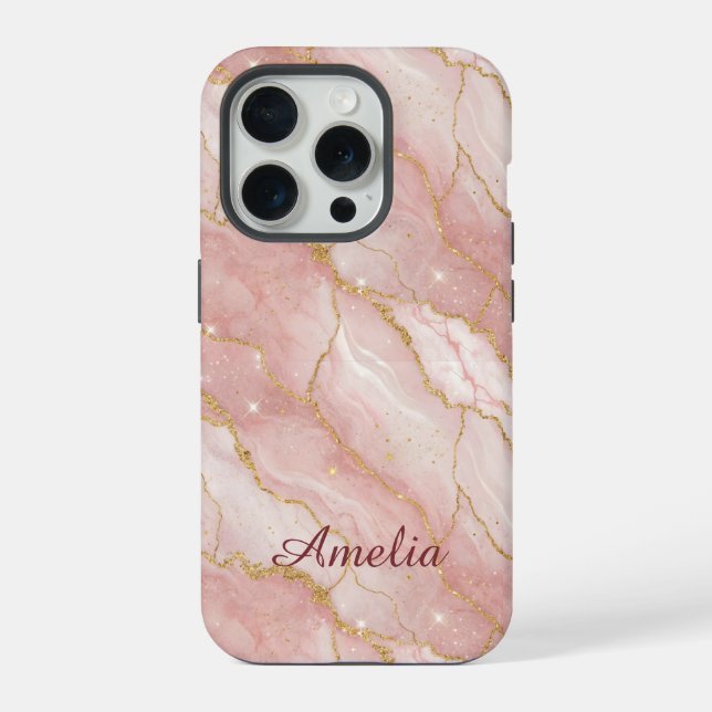 Personalized Modern Rose Quartz Marble Gold iPhone 15 Pro Hülle (Rückseite)